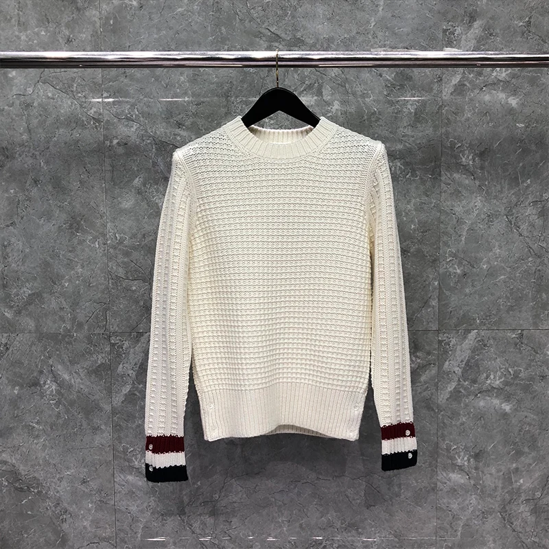 TB THOM Sweater Male Winter Fashion Brand Coats White Merino Wool RWB Cuffs Stitch Crew Neck Pullover Casual Harajuku Sweaters
