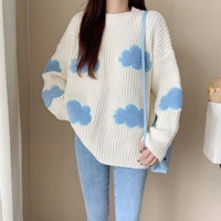 womens cozy clouds sweater cute cartoon long sleeve crew neck pullover jumper fall winter spring knit tops clothes temperament