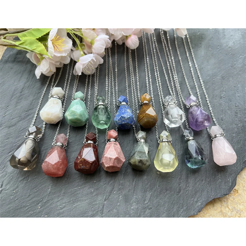 

Silver Chain Natural Stone Perfume Bottle Pendant Necklace Healing Crystal Amethyst Amazonite Agate Quartz Charms Woman Jewelry