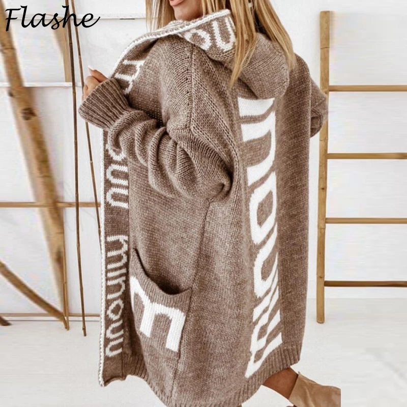 

Модный свитер с надписью, кардиганы для женщин, Осень-зима, элегантное пальто с капюшоном, Повседневные свитера с карманами для женщин