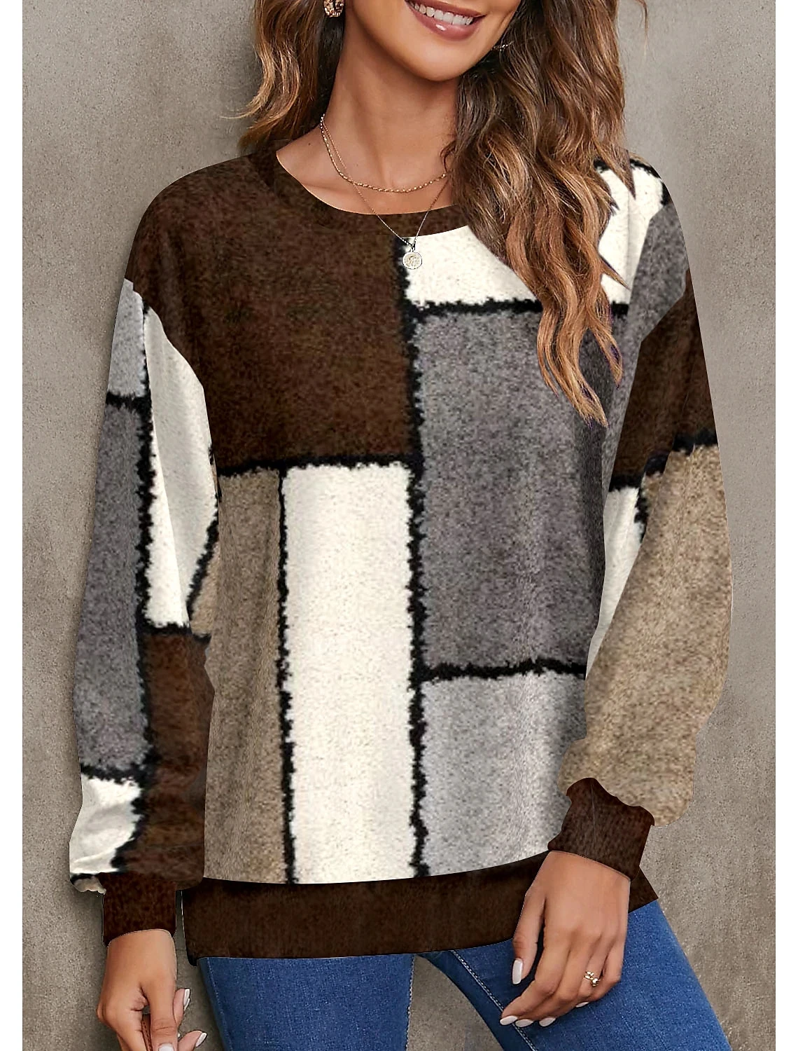 

Женская толстовка, Осенние коричневые свитшоты с геометрическим рисунком в полоску, пуловер с круглым вырезом, модные повседневные толстовки, топ, Корейская одежда