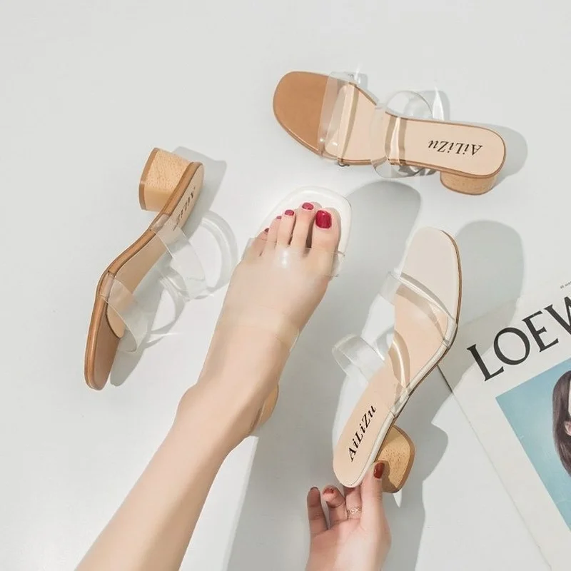 slippers women's summer 2022 new wear fashion one-word high-heeled mid-heeled thick heel Korean women's slippers slides women