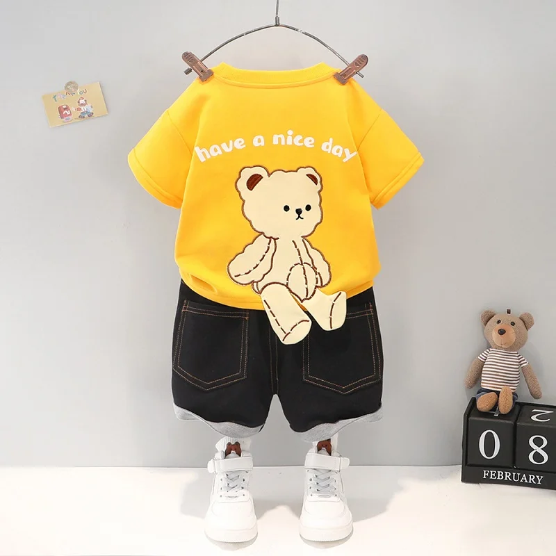 

Summer children's clothing baby back bear short sleeve suit Fashion children's suit baby cartoon short sleeve denim shorts suit