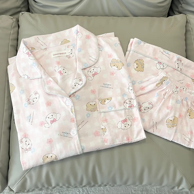 

Женские пижамы, летние хлопковые шорты с коротким рукавом, милая Корейская одежда из двух частей, можно носить на улице, домашняя одежда