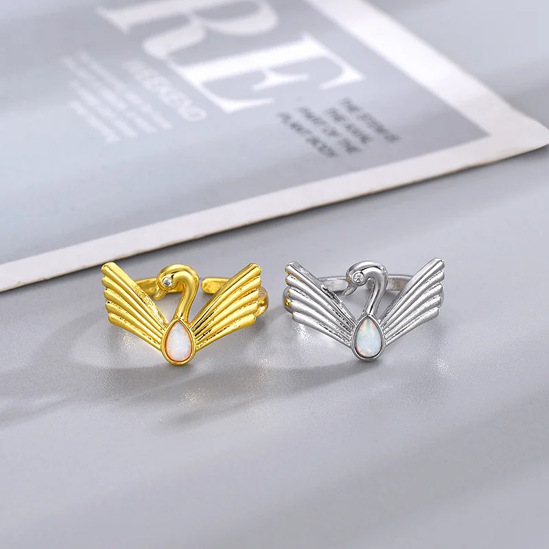 

Silver Plated Opal Stone Swan Rings For Woman Girl Party Wedding Jewelry Swan Lake Accessories Adjustable Swan Ring Gift For Her