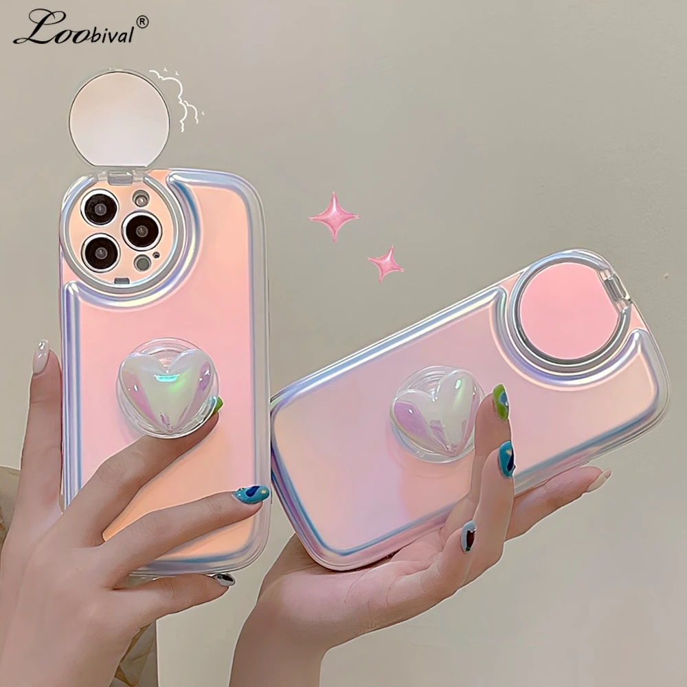 

Роскошный блестящий чехол для iPhone 13Pro, Aurora Love, Heart, для iPhone 13, 12, 11 Pro Max, зеркальный кронштейн, цветной чехол с лазерным градиентом
