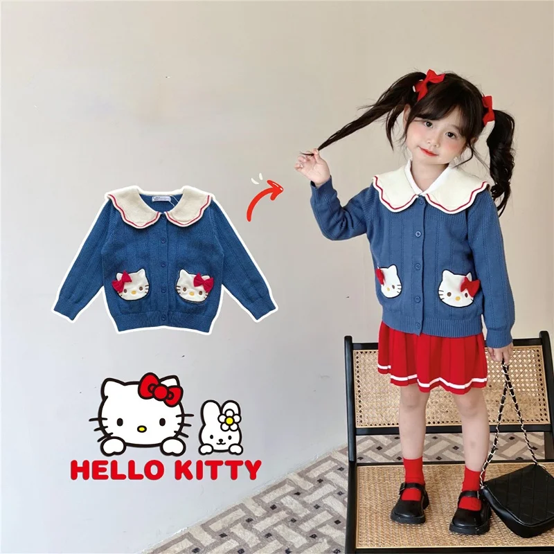 

Свитер Hello Kitty для девочек на осень и зиму темно-синий мультяшный милый кардиган с отворотом кота вязаный свитер милый подарок на день рожден...