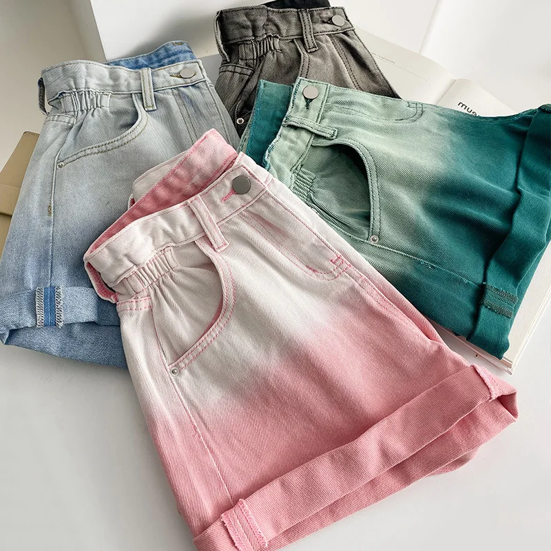 

2023 Vintage Gradient Denim Shorts Women Summer High Waist Slimming Pink Short Jeans Colorful Casual Wide Leg Flanging Shorts