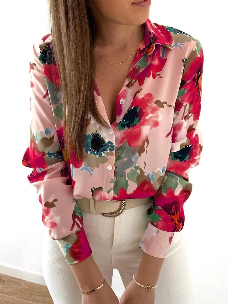 

Floral Blouse Women Turn-down Collar Shirt Ladies Long Sleeve Fashion Casual Blouses Elegant Lady Office Work Shirts Tops