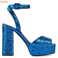 crystal platform sandals peep toe high heels chunky heel ankle strap women sandals sexy glitter shiny stage sandals