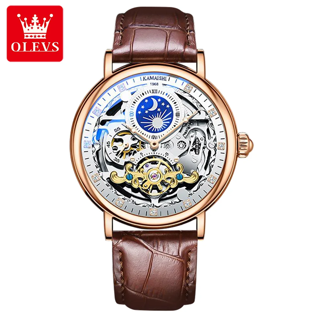 

OLEVS Men's Watch Automatic Skeleton Luxury Leather Watchband Waterproof Mechanical Watch for Man Original Top Brand Wristwatch