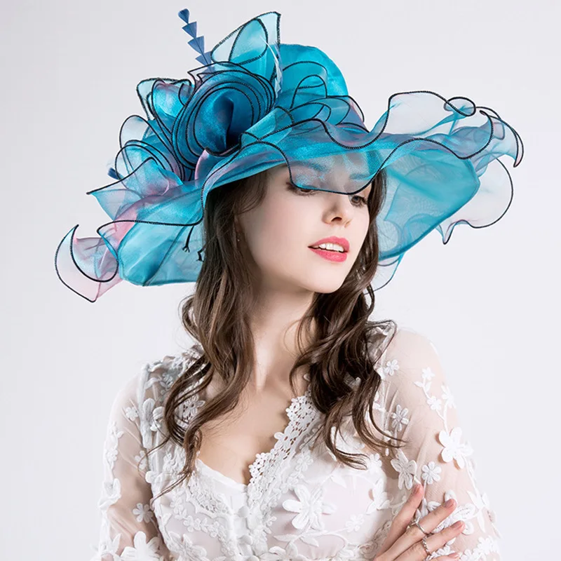 

Sun Hat For Women Summer Beach Beige Organza Tea Flower Party Pink Hat Elegant Ladies Church Kentucky Derby Wide Brim Fedora Hat