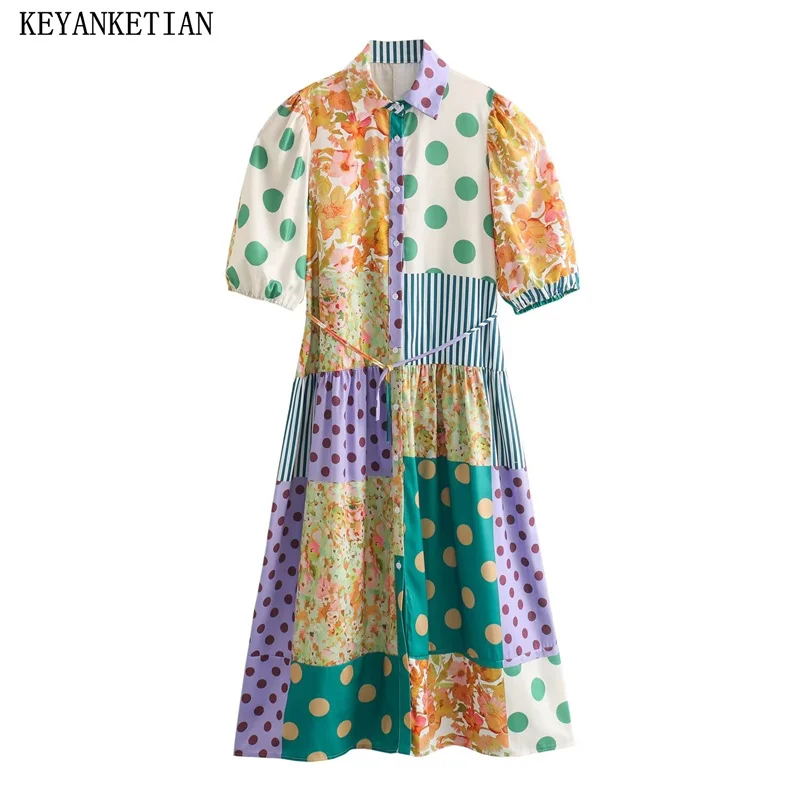 KEYANKETIAN новинка 2024 года женское разноцветное платье-рубашка в горошек летнее