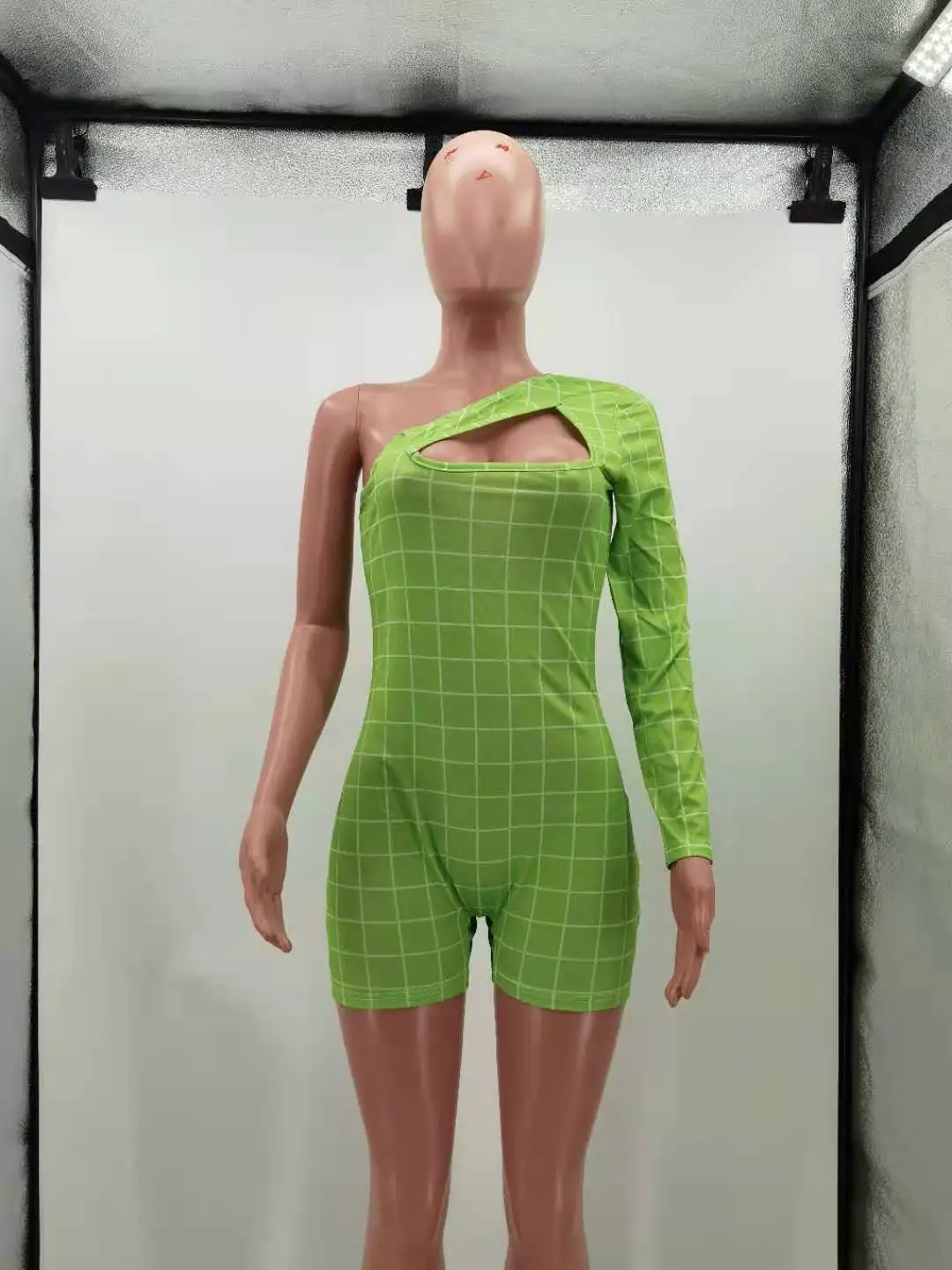 HM6193 Women's Jumpsuit Summer New Fashion One Shoulder Off Shoulder Plaid Tight Jumpsuit Women's Nightclub