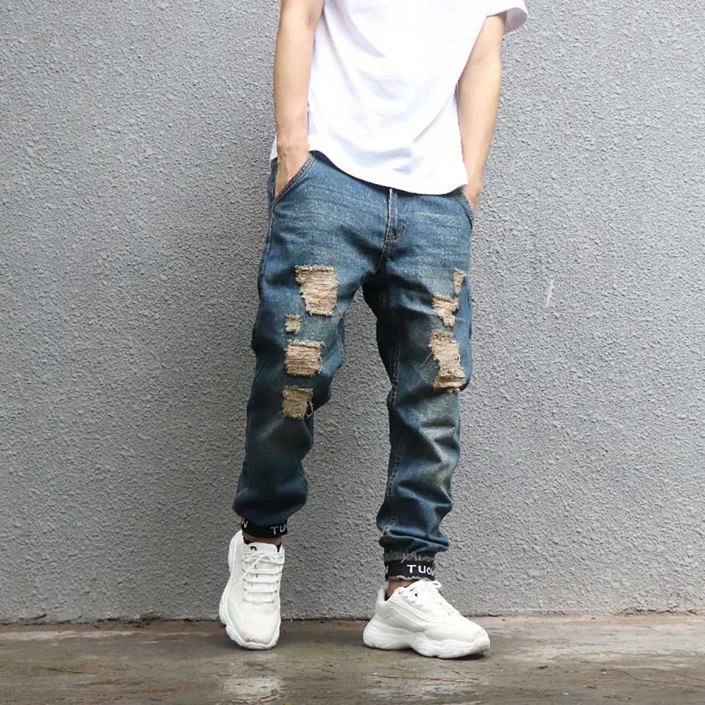 Новые модные рваные джинсы Мужские повседневные потертые джинсовые брюки
