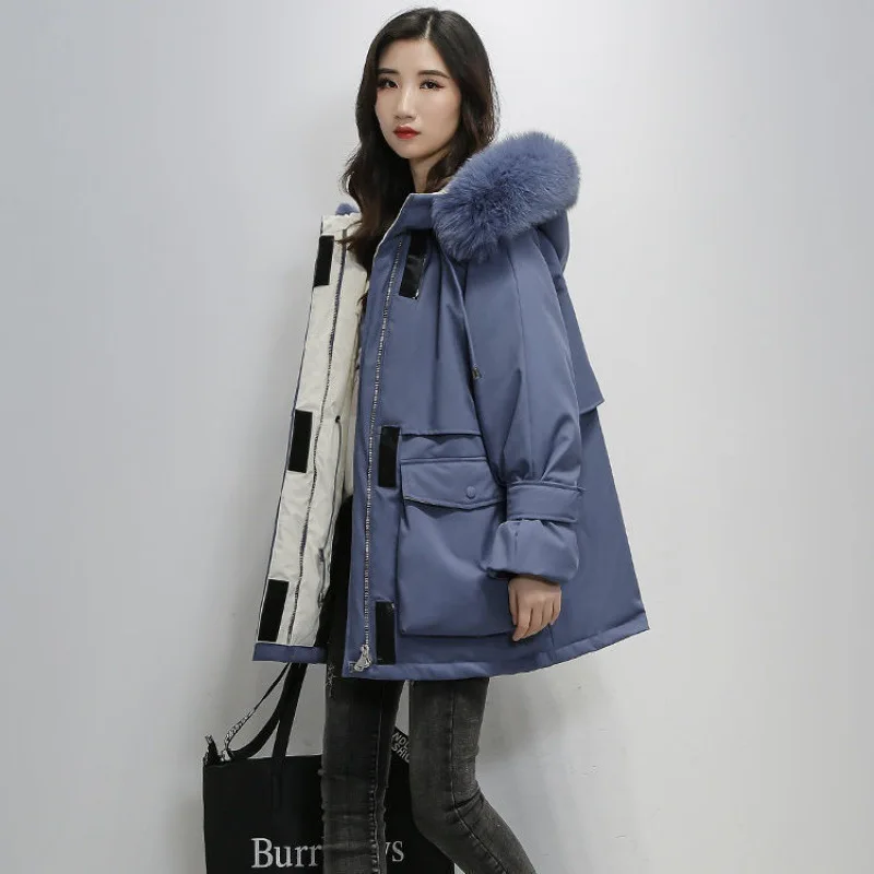 2022 new down cotton jacket for women loose thickened large wool collar cotton jacket for women