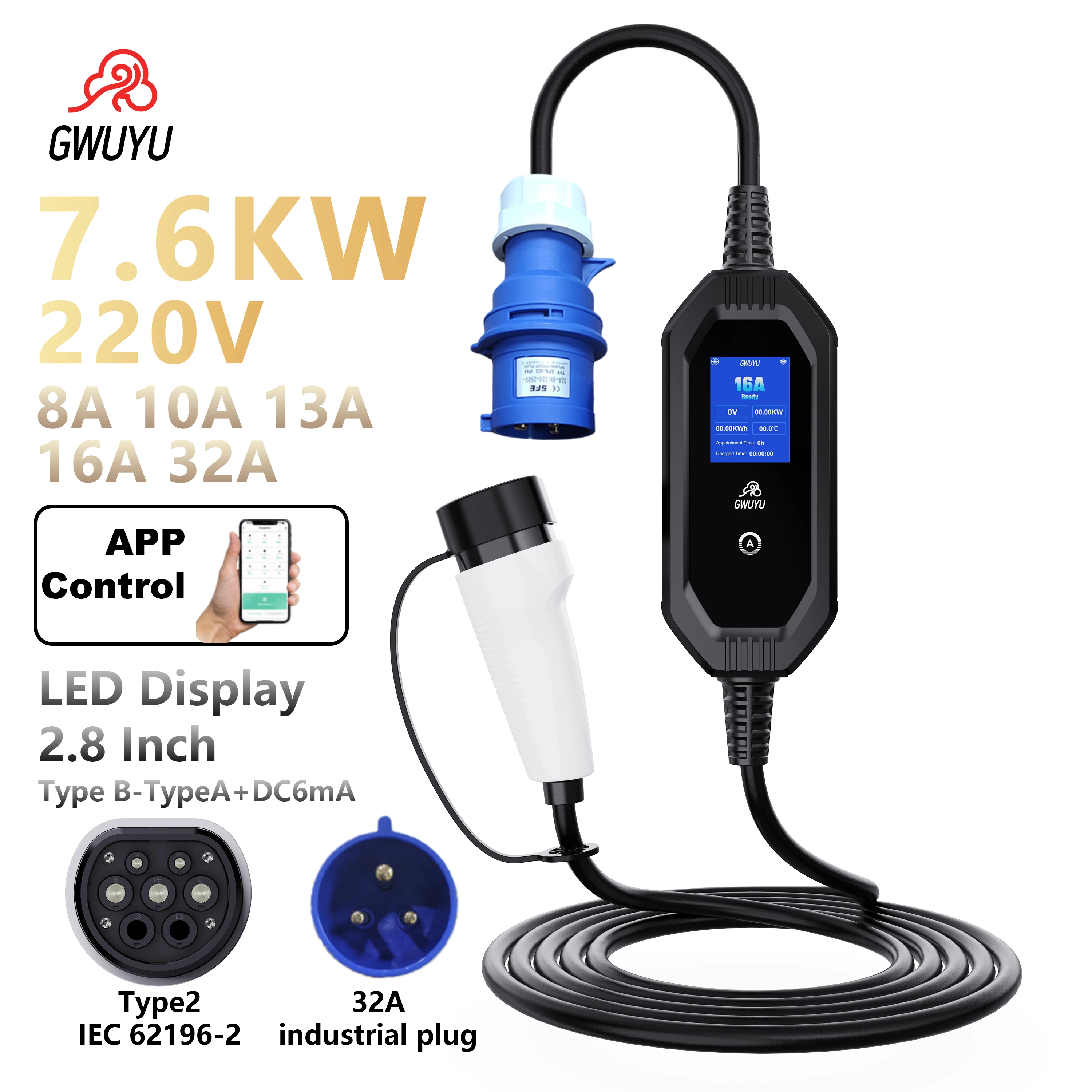 Портативное зарядное устройство для электромобилей Тип 2 11 кВт 7 32 А управление