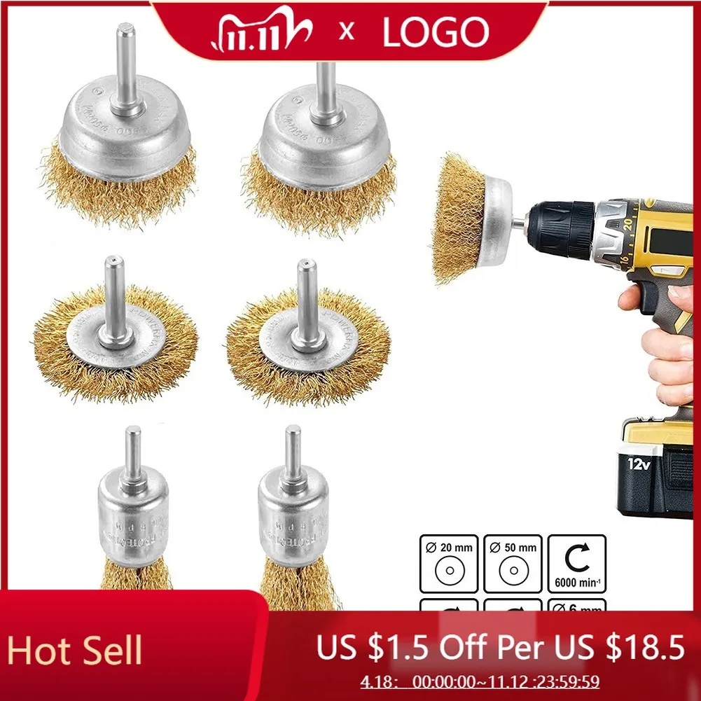 

6 Pcs Wire Brush Brass-plated Steel Wire Cup Brush W/ 6mm Dia Shank Polishing Brushes For Electric Drill Attachment