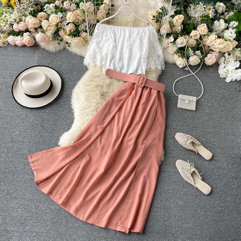 

Women Summer Slash Neck Lace Ruffles Short Top+Sexy Split High Waist Long Skirt Two Pieces Set French Sweet Fashion Set
