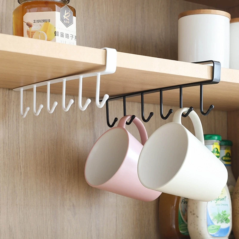 

Wrought Iron 6 Hooks Storage Shelf Wardrobe Cabinet Under Shelves Mug Cup Hanger Kitchen Organizer Hanging Rack Holder