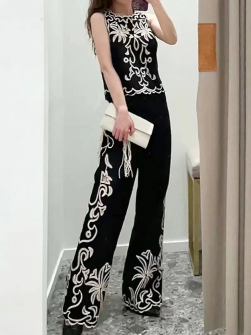

Женский комплект с вышивкой кокосового дерева, жилет без рукавов с круглым вырезом или длинные брюки со шнуровкой на талии и широкими штанинами