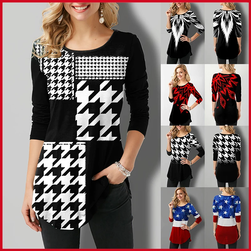 

2022 Plus Size Houndstooth Flag Printed Tops Women T-shirt Harajuku Vintage Y2K Long Sleeve Tshirt Aesthetic Spring Loose Tunics