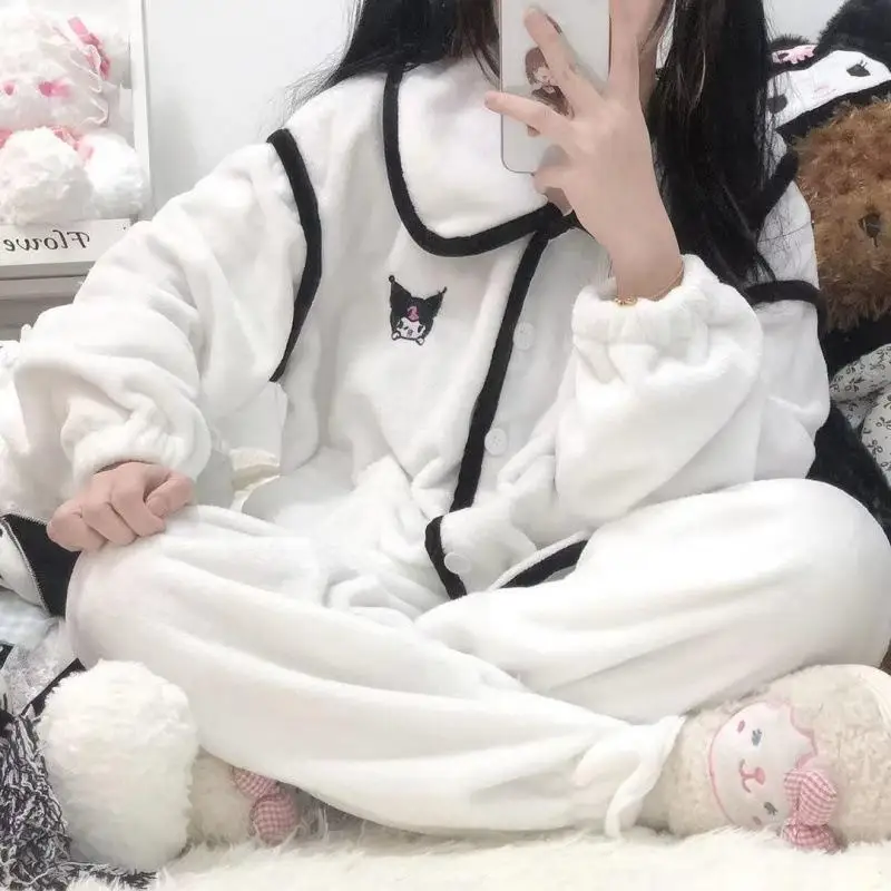 

Sanrio Plush Kuromi flannel pajamas S-XL Cartoon Cotton cute Lace collar Homewear Pajamas Anime Plush Kawaii Toys For Girls