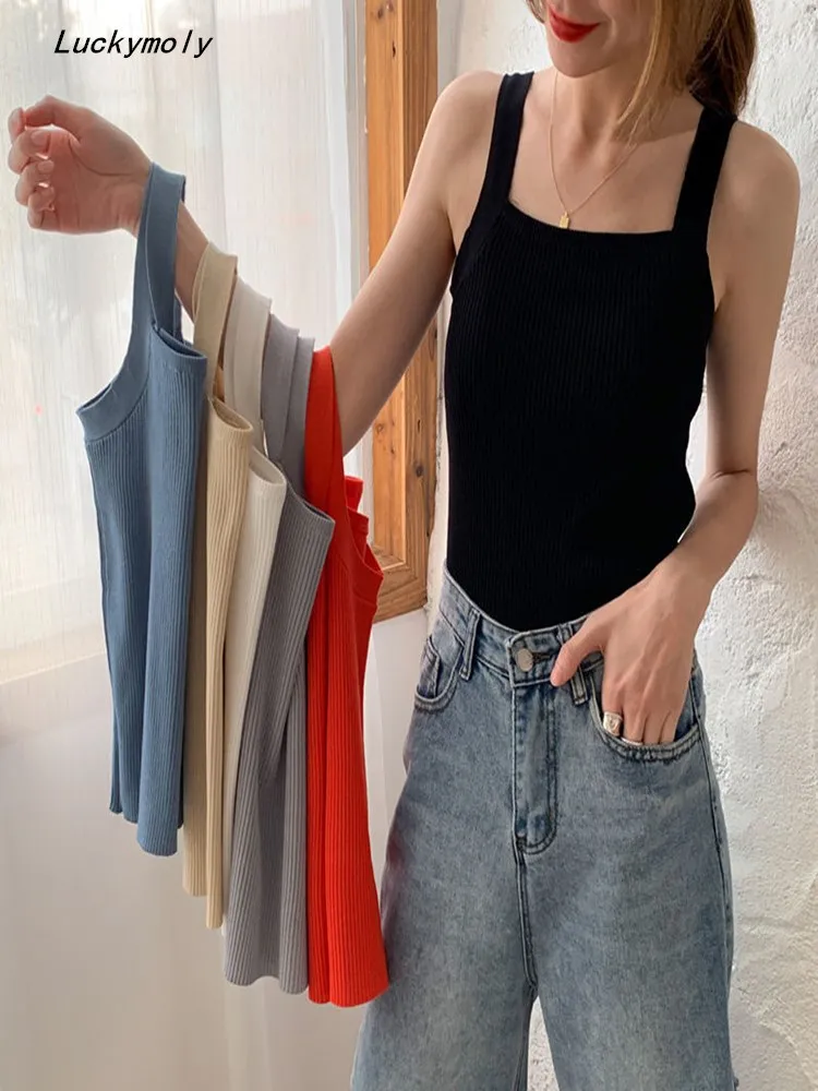 

2022 Women Tank Top Summer White Knit Tank Top Women Sexy Knitted Camisole Sleeveless Strip Sexy Basic Slim