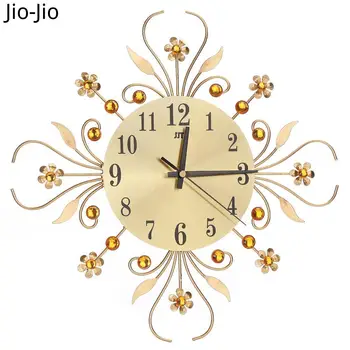 Large Metal Wall Clock Gold Sun Flower European Wrought Luxury Diamond Silent for Living Room Bedroom Office Home Decor