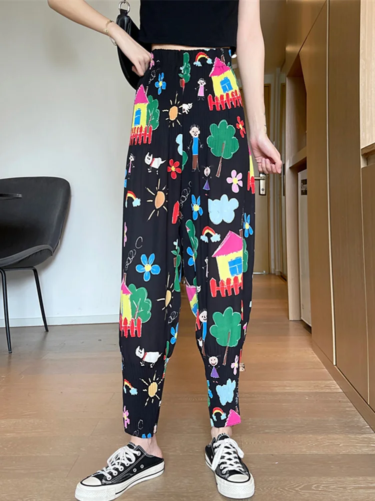 

Spring Summer New preppy Style Korean Women cartoon printing Chiffon Trousers High Waist Pants Casual harem pants kawaii clothes