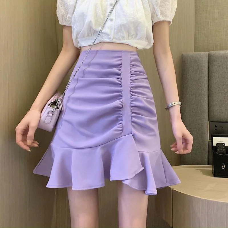 

Korean Fashion Sweet Ruffles Asymmetrical Folds Mermaid Skirt Elegant Office Lady Commute All-match Slim High Waist Mini Skirts