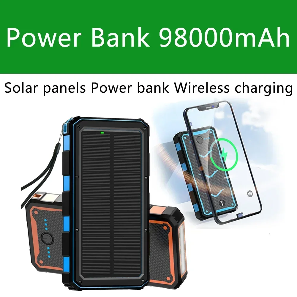 Power Bank Беспроводная зарядка мобильного источника питания 98000 мАч с лампой для