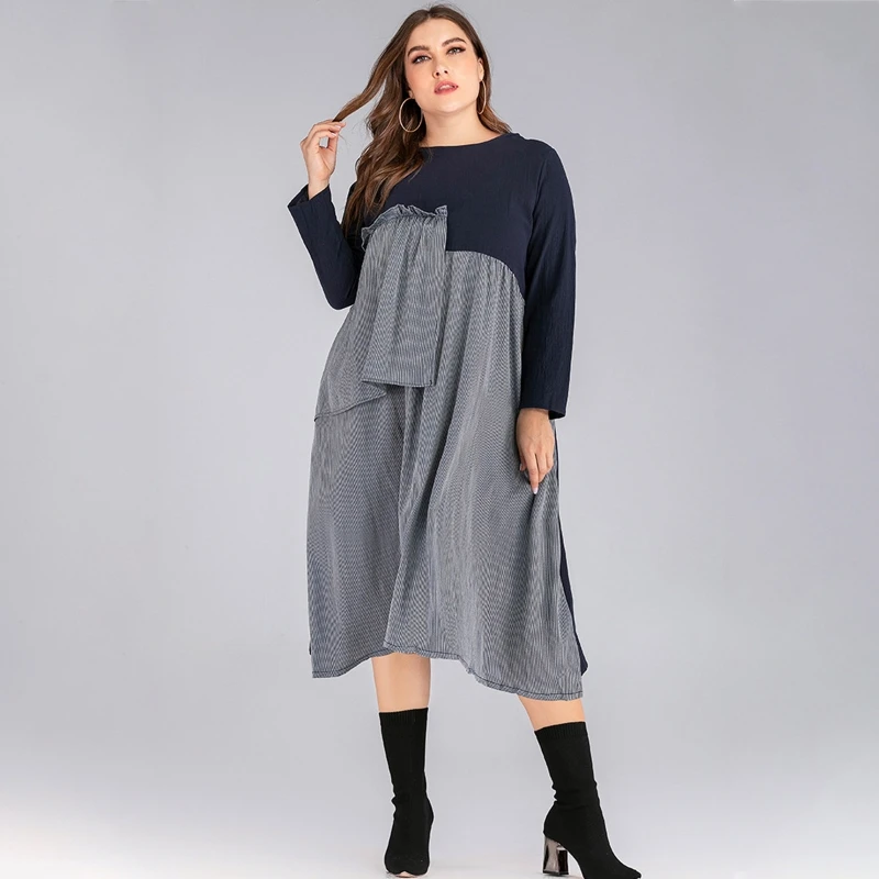 

Женское Повседневное платье-трапеция контрастных цветов с длинным рукавом и асимметричным принтом в полоску