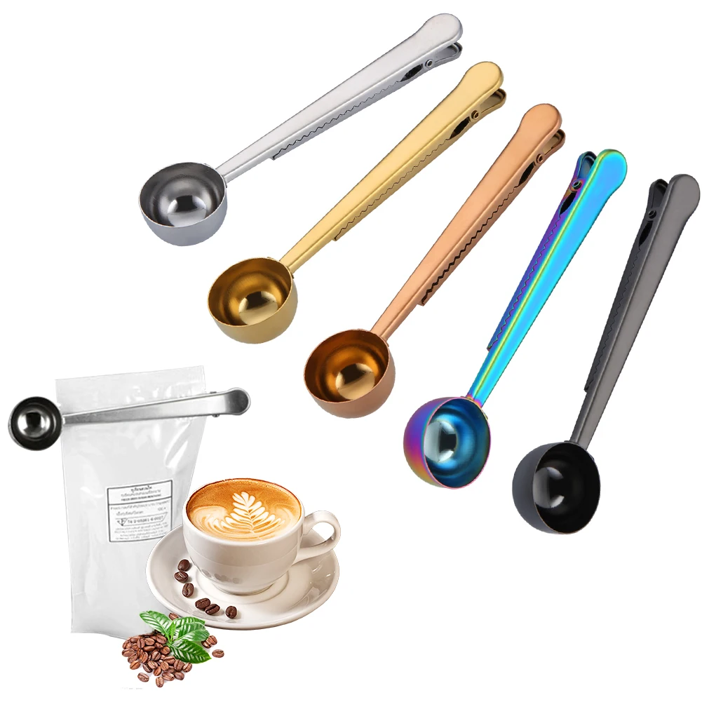 

10x Coffee Scoop 2 In 1 Stainless Steel Long Handle Ground Measuring Spoon with Sealing Bag Clip For Tea Espresso Instant Drinks