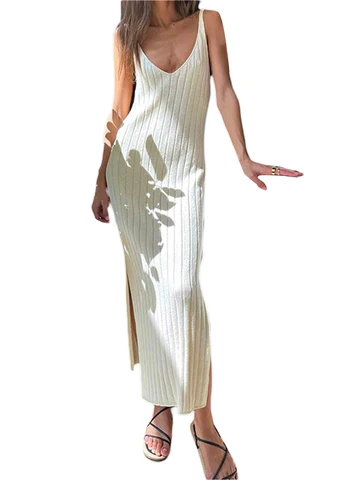Женское трикотажное платье-комбинация без рукавов, повседневное длинное платье в Вертикальную Полоску с V-образным вырезом и открытой спиной, повседневная одежда