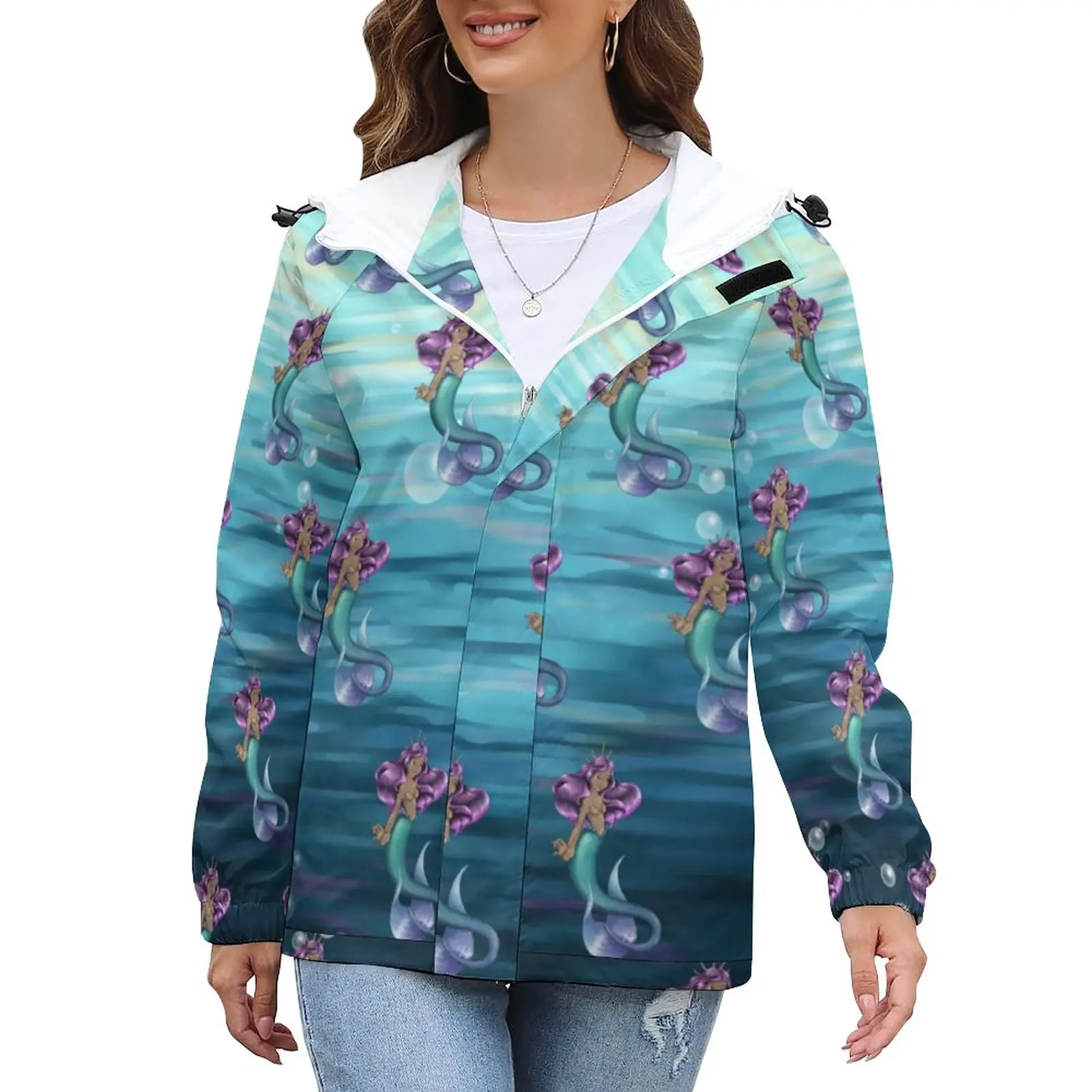 

Женская винтажная ветрозащитная куртка с принтом «Русалка и королева»