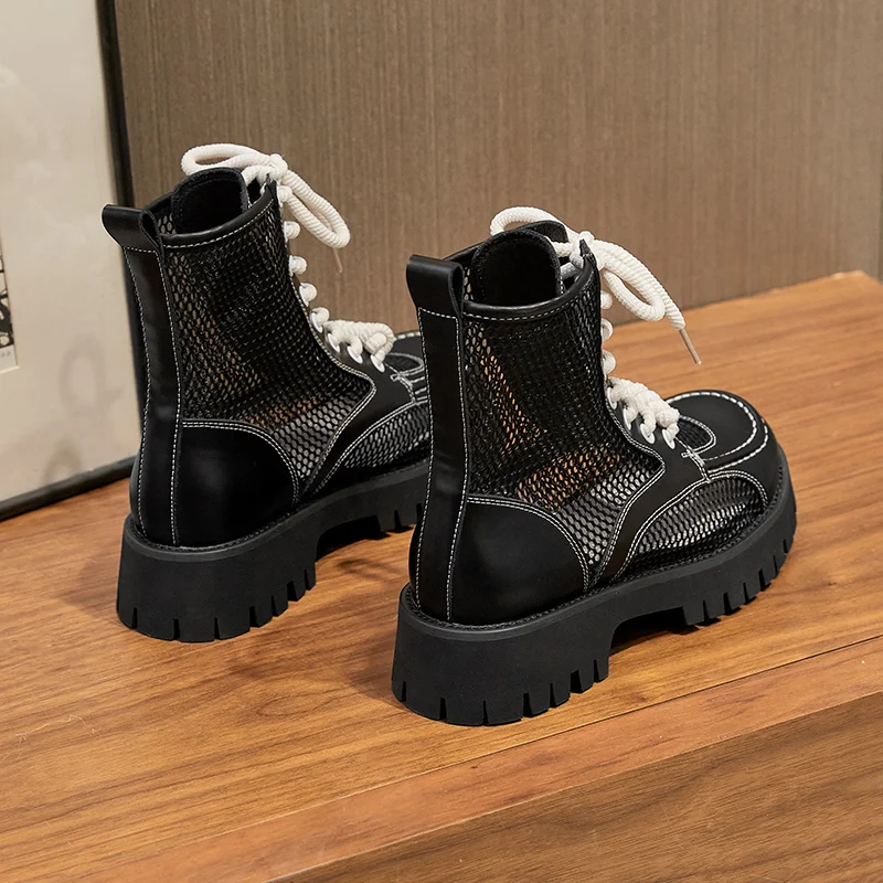 Summer Cool Boots Women's Thick Bottoming Thin Style Breathable 2023 New Small Mesh Gauze Leather Lace-up Fashion Ankle Boots