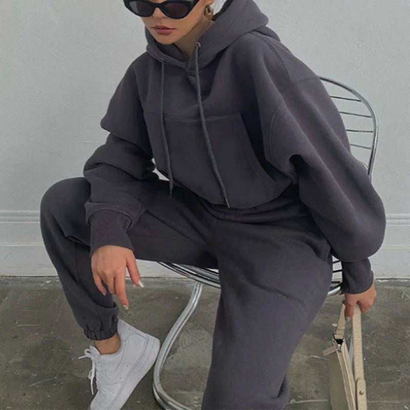 

Зимний Повседневный пуловер с капюшоном и длинные брюки, элегантный однотонный спортивный костюм с длинным рукавом, Модный свитшот, свобод...