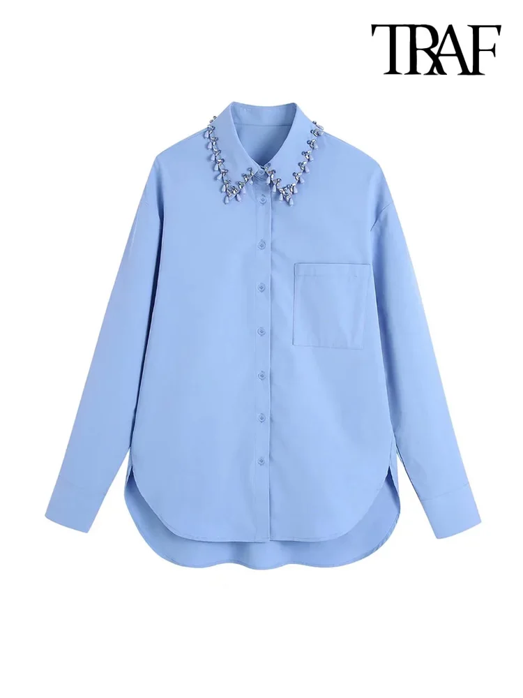 

TRAF Women Fashion With Bejewelled Loose Poplin Shirts Vintage Long Sleeve Button-up Female Blouses Blusas Chic Tops