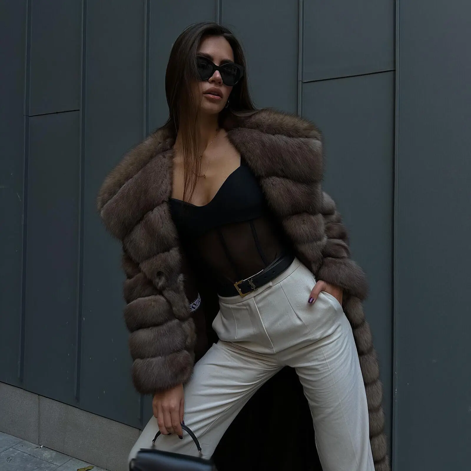 Женская мода собольного цвета пальто из натурального лисьего меха зимняя
