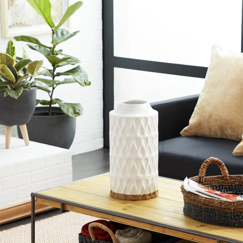 

16" Geometric White Porcelain Vase with Brown Base