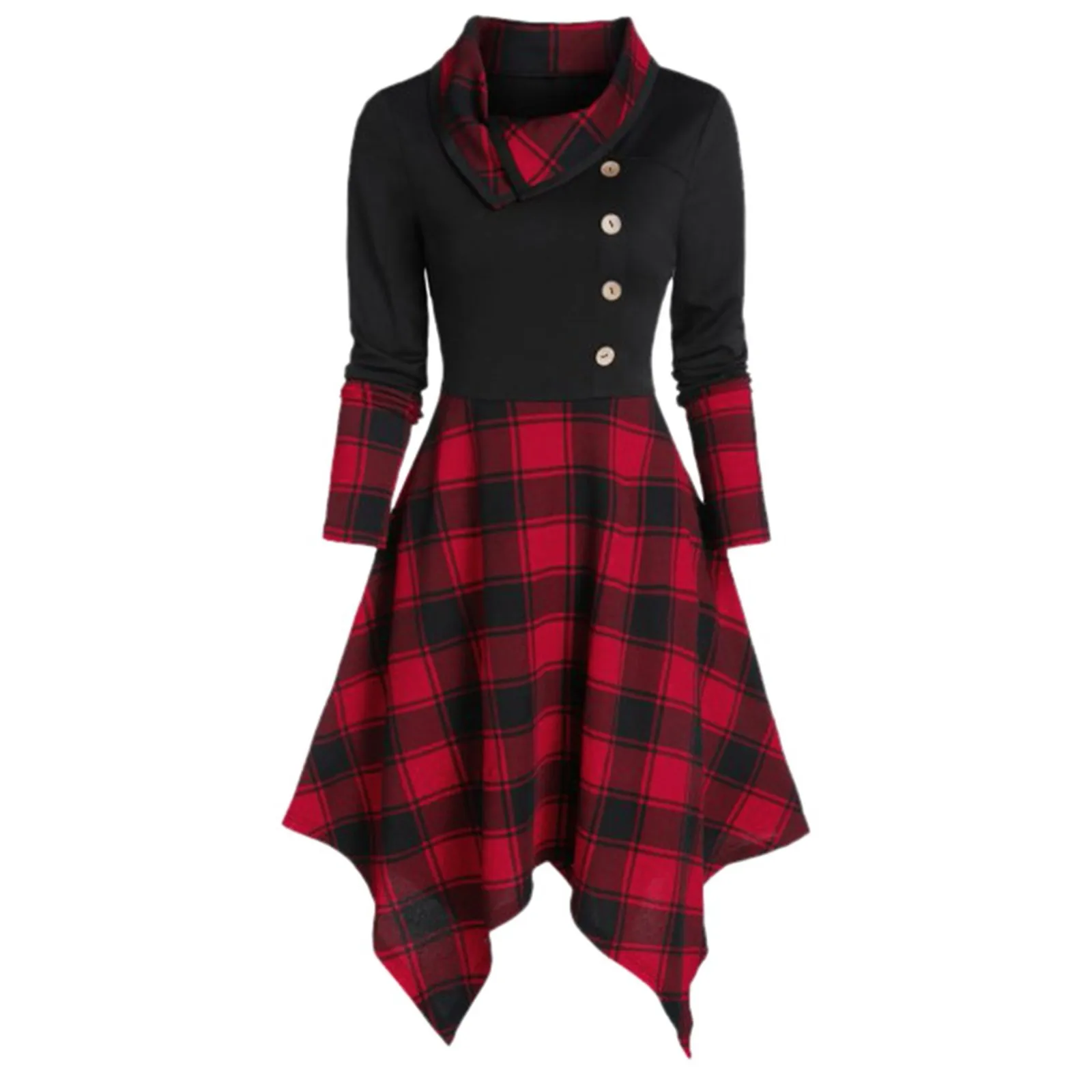 

Women Vintage Long Sleeve Splicing Plaid Print Waist Sweater Irregular Hem Dress Women's Casual Dress