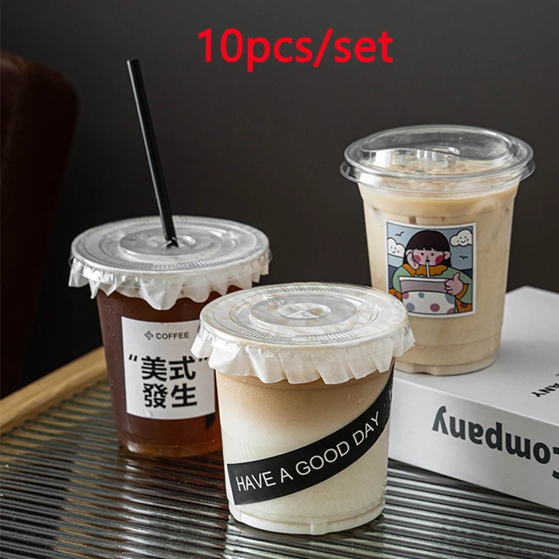 

10pcs Plastic Drink Cup Coffee Milk Tea Cup Beverage Cup Latte Storage Cup with Lid Cold Drink Milk Tea Coffee Shop Supplies