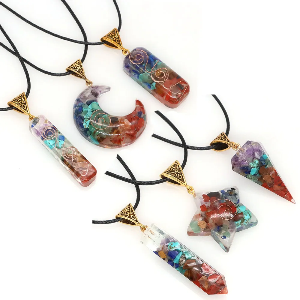 

7 Chakra Retro Colorful Chips Stone Necklace Natural Orgone Energy Pendant Pendulum Amulet Crystal Healing Reiki Jewelry Gifts