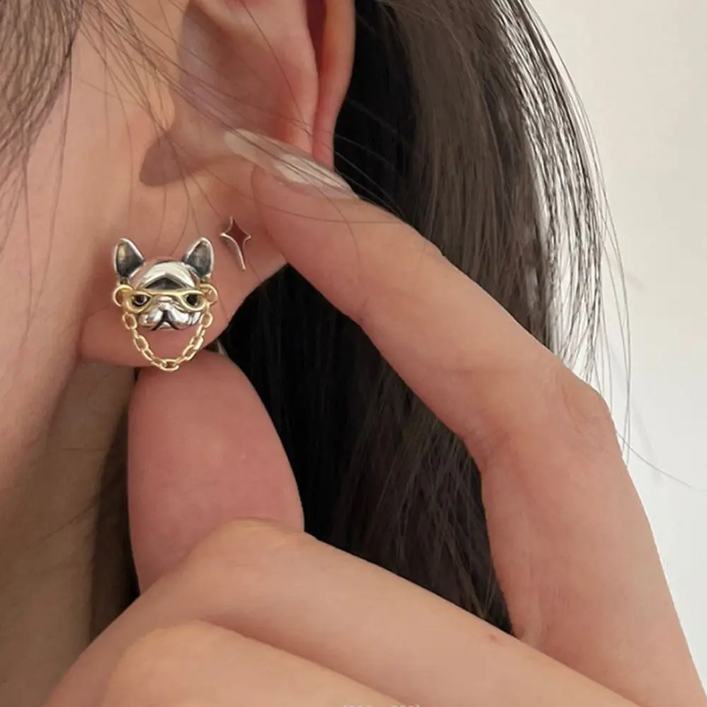 

Creative Dog Ear Studs Fashion Bulldog Earrings For Women Punk Wearing Chain Glasses Puppy Dogs Open Finger Rings Jewelry