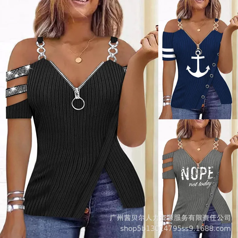 

2023 Womens Metal Chain Zipper V-Neck Shirt Fashion Long Sleeve Tshirts for Women
