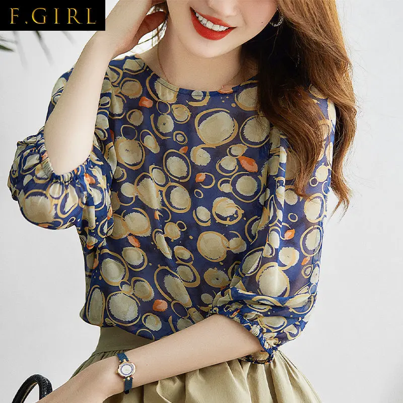 

Vintage Printed O-Neck 3/4 Sleeve Shirring Loose Chiffon Shirt Summer Casual Tops Oversized Commute Fashion Woman Blouses 2022