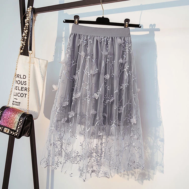 Юбка Женская средней длины с цветочной вышивкой милая сетчатая Повседневная