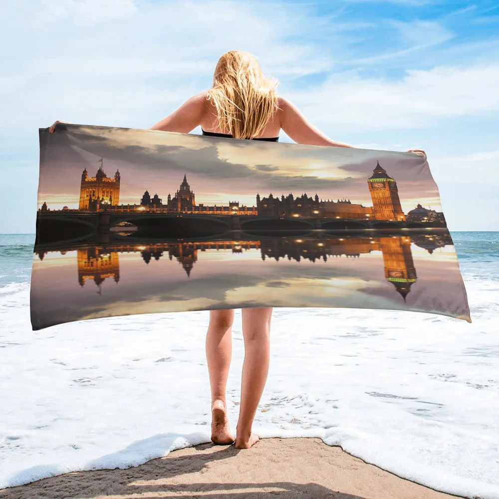 

Пляжное полотенце для взрослых с изображением лондонского заката здания и водной поверхности