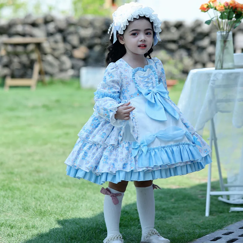 

2023 Spanish Ball Gowns for Young Girls Kids Big Bow Floral Printed Layered Midi Dress with Boutique Headband Children Vestidos